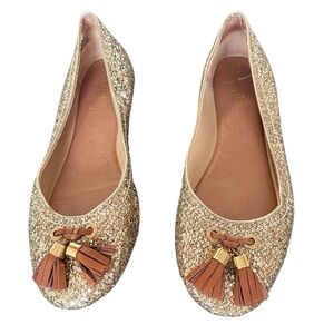 Sperry Topsider Sparkly Gold Ballet Flats Glitter Tassle Leather Size 7.5